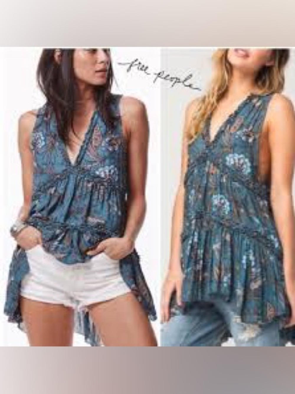 Free People Blue Haze Hummingbird Deep V-Neck Tank Top